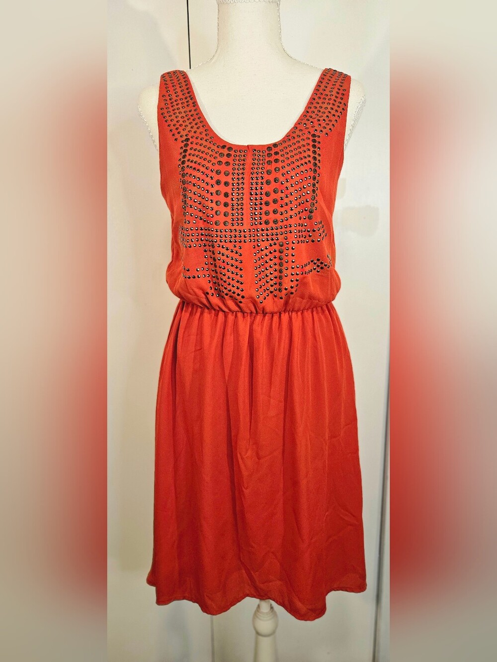 Sleeveless Red Stud-Embellished Midi Dress M